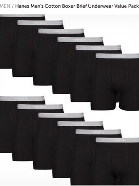 XL 12 pack, Hanes Black Boxer Briefs with Gray Waistband